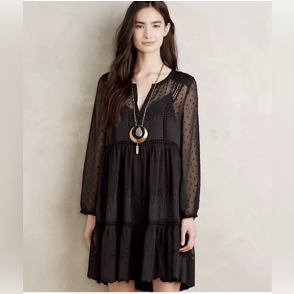 Anthropologie Vanessa Virginia Costa Black Sheer Lace Dress  4 Maya Boho Mini